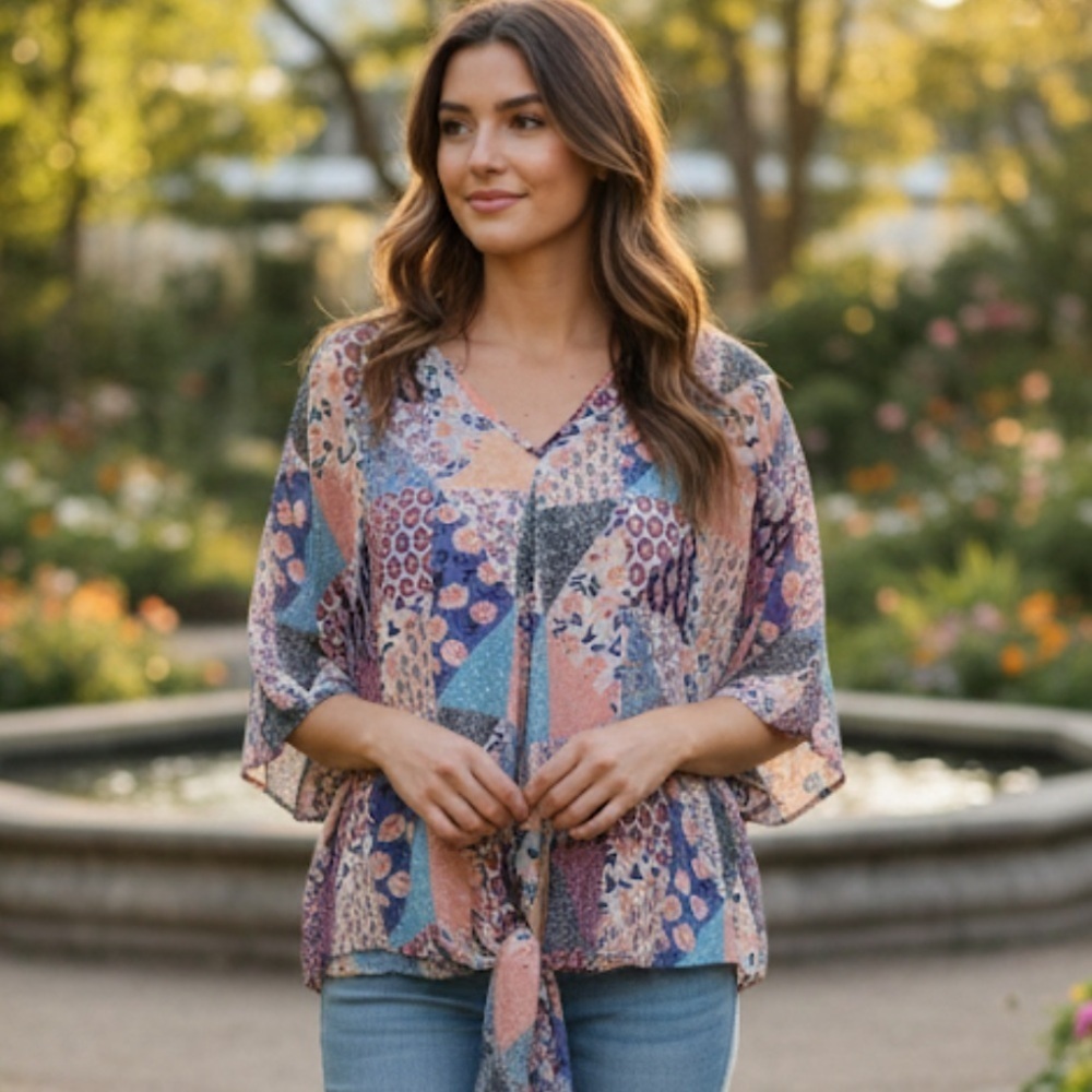 MTS Multicolor Patchwork Tie-Front Blouse women’s size medium